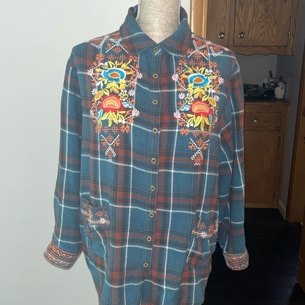 🤎 M Embroidered Flannel Tunic Longline Pockets Rodeo Boho Festival Art To Wear